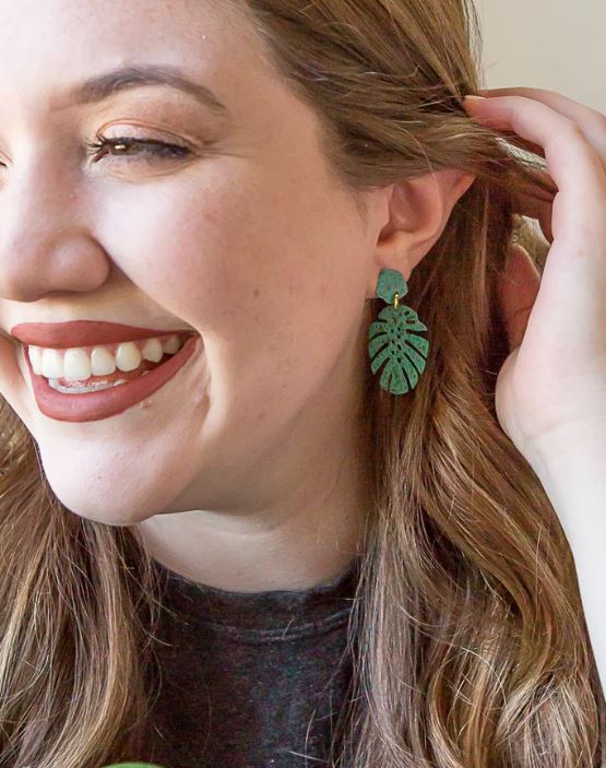 Teal Monstera Stud Earrings