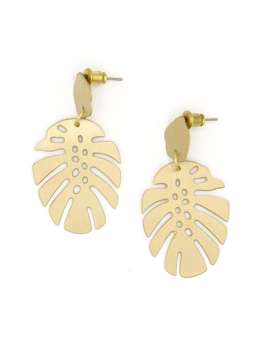 Brass Monstera Stud Earrings