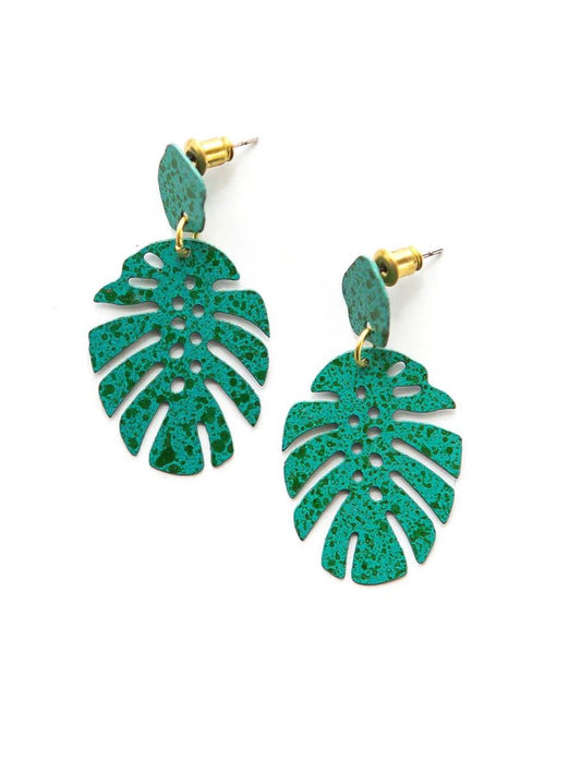 Teal Monstera Stud Earrings